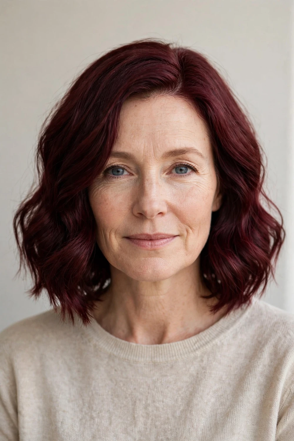 White woman in her mid 40s with a deep wine-red wavy bob