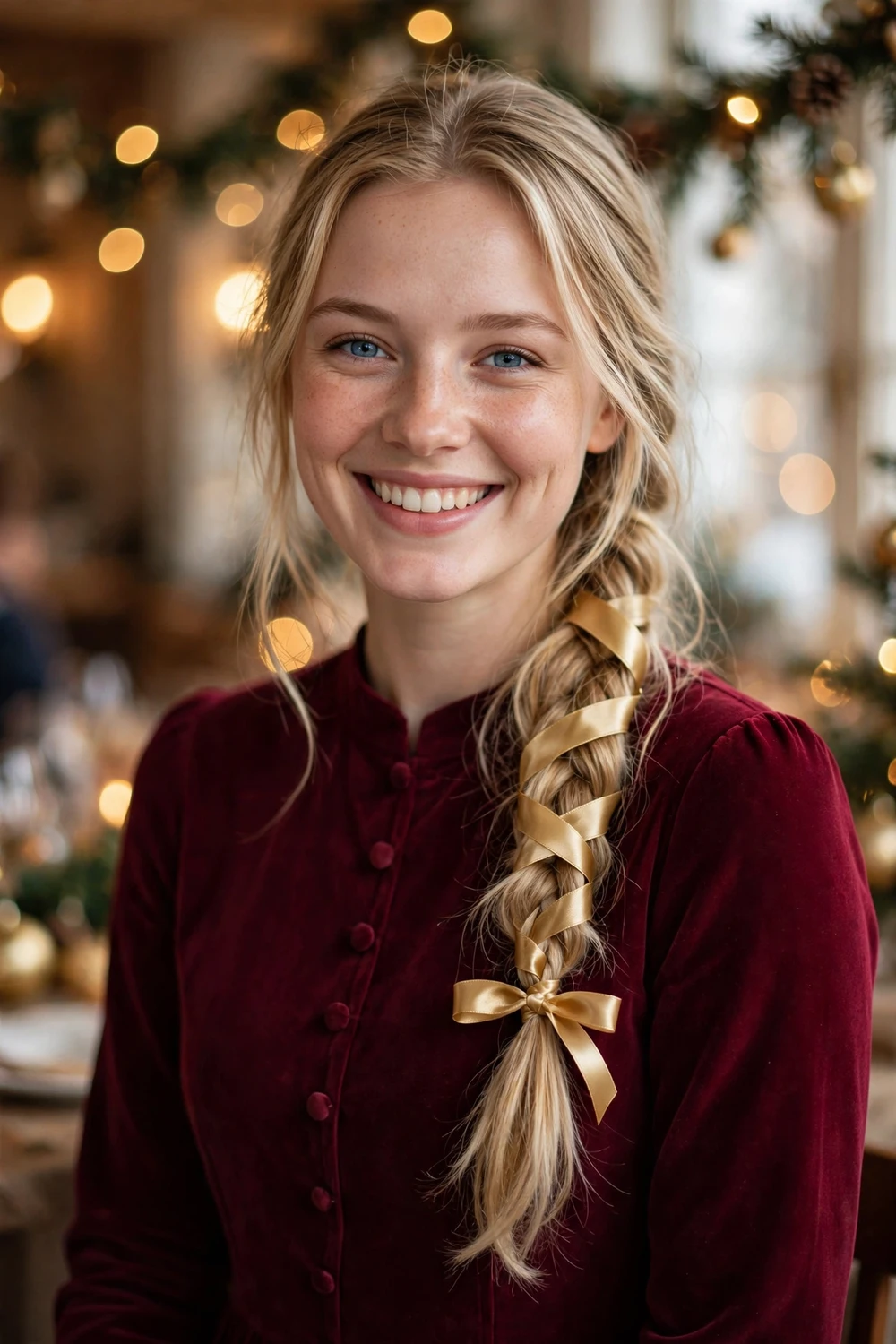 Woman with braid with gold satin ribbon woven through