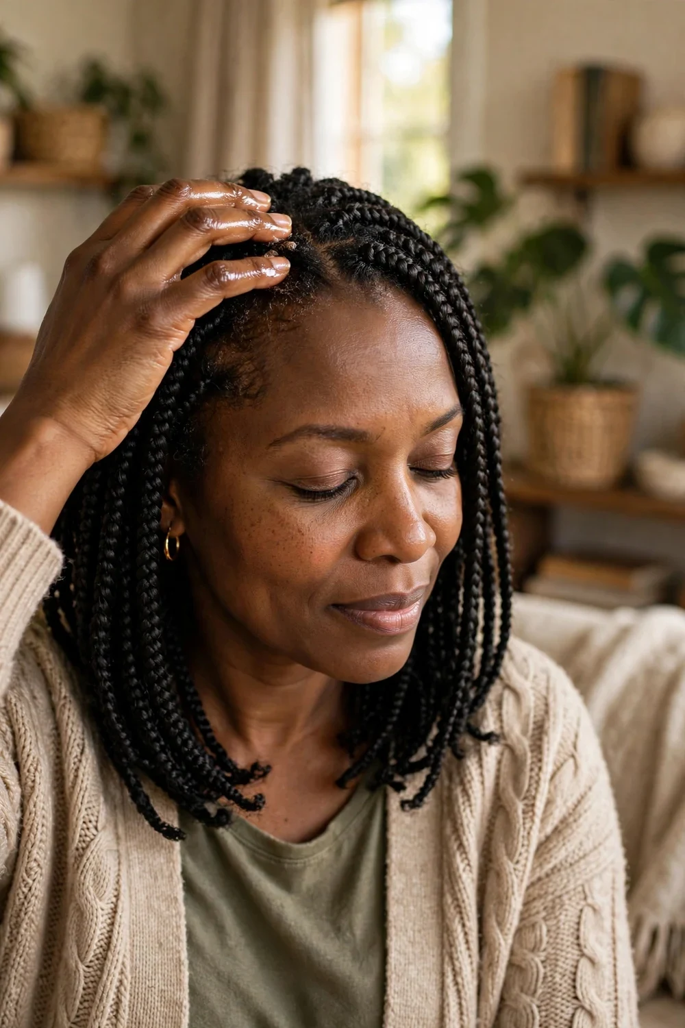 Black woman with box braids massaging her scalp with oiled fingertips