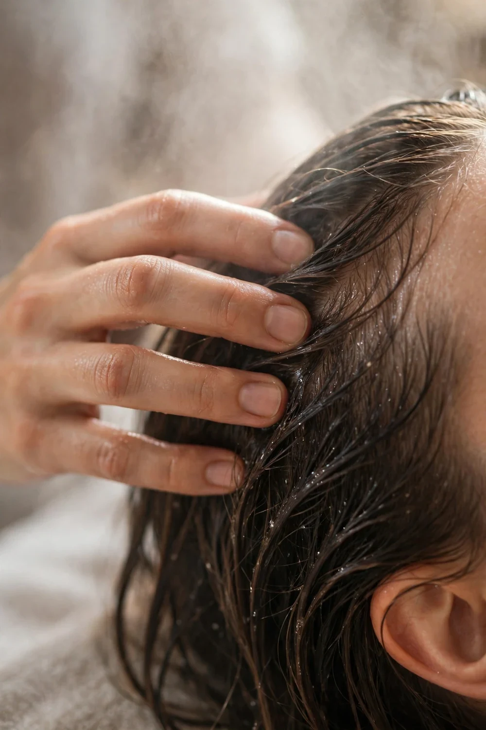 Fingertips massaging the scalp gently during a hair steam session