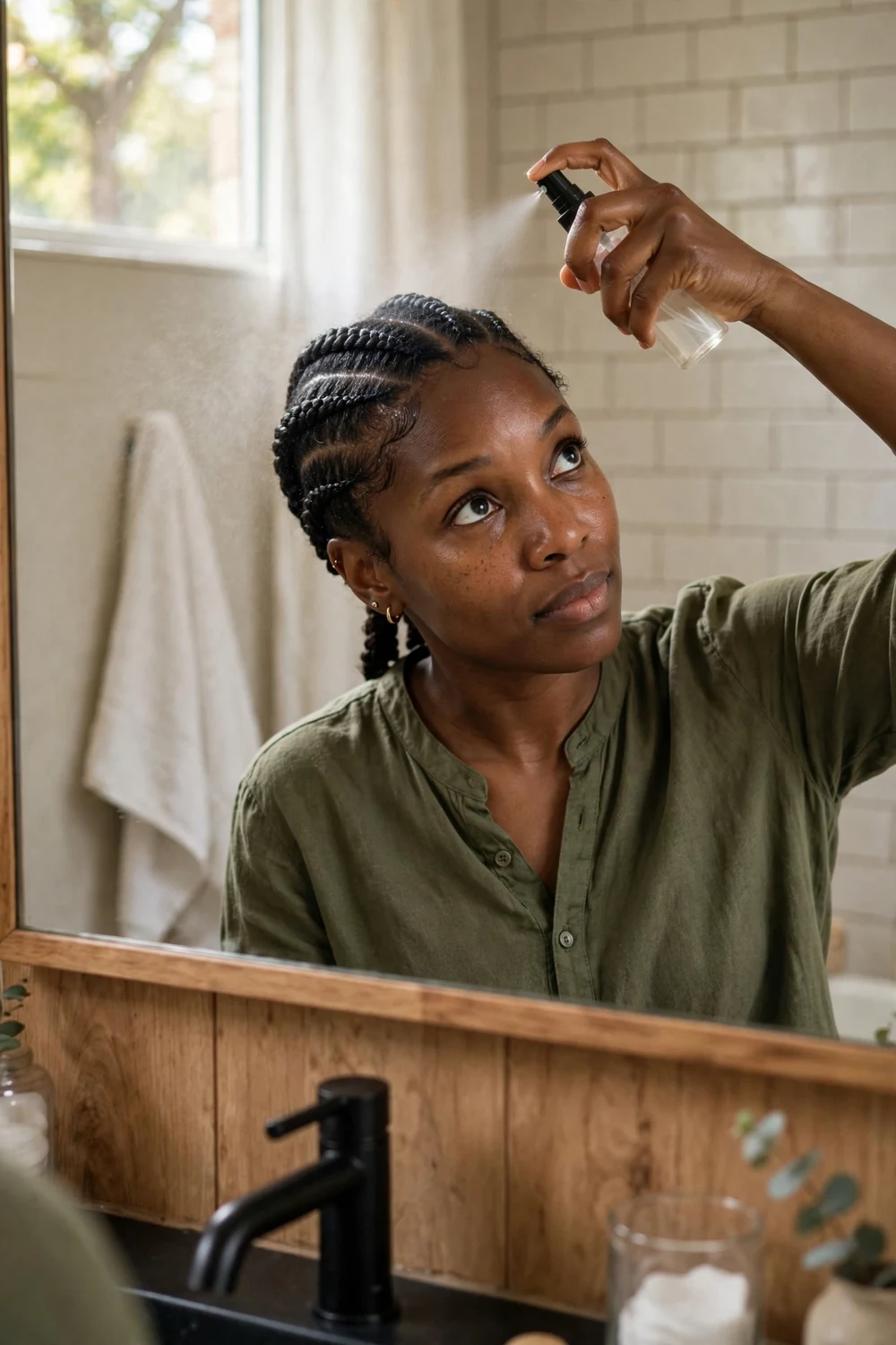 Woman misting her scalp with a moisturizing spray between braids