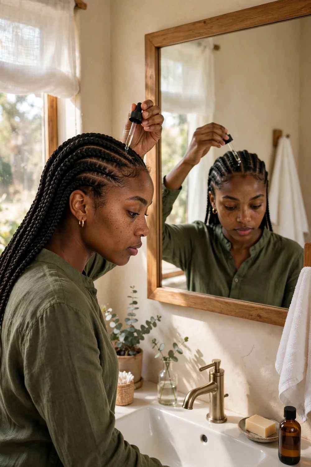 Woman moisturizing her scalp between braids with a lightweight oil