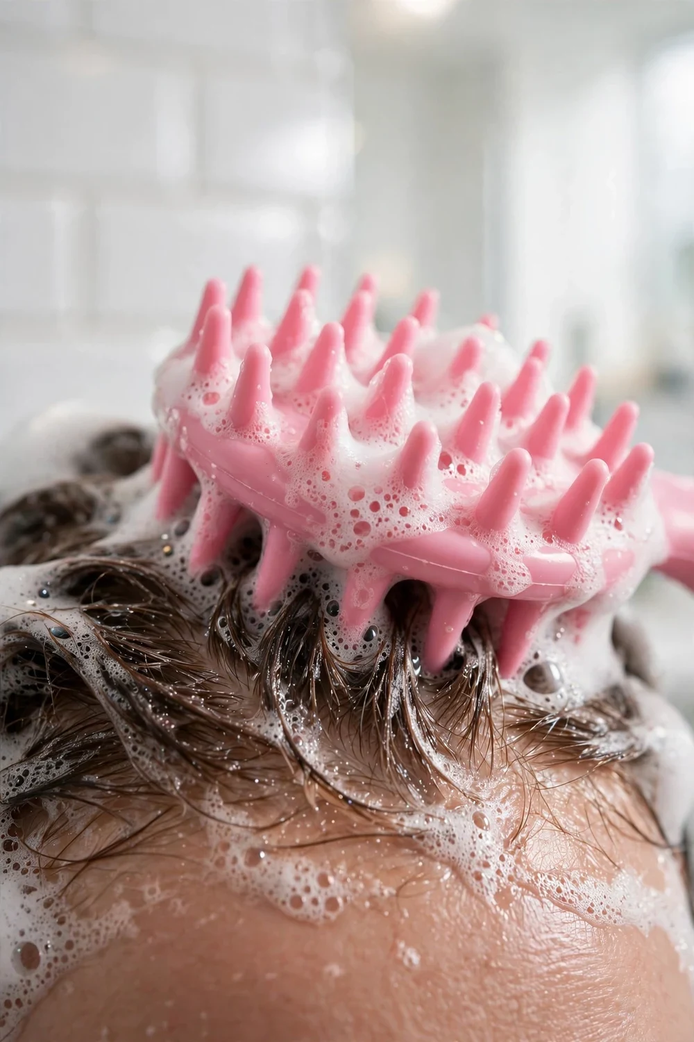 Woman using a silicone scalp scrubber brush while shampooing oily hair
