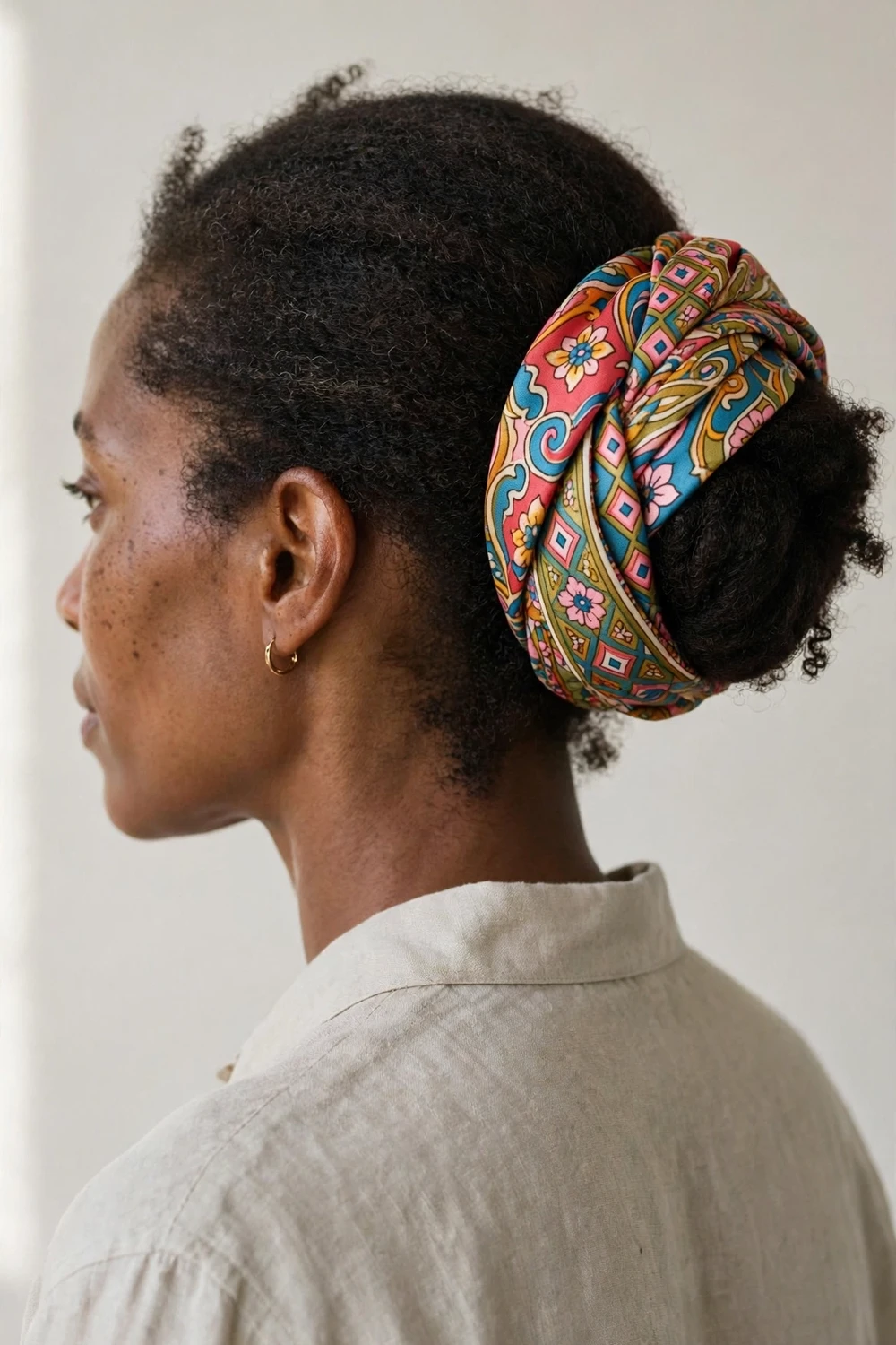 Woman with natural hair in a low bun wrapped with a colorful patterned silk scarf, side view