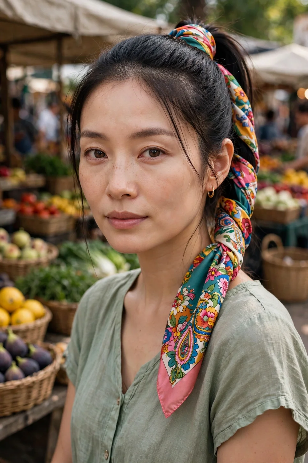 Woman with a scarf-wrapped ponytail hairstyle for thin hair