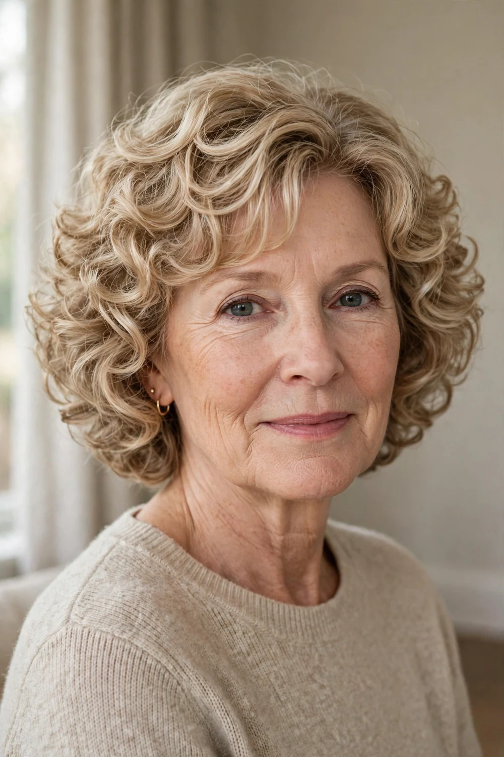 Layered curly bob with light blonde highlights on a woman over 50