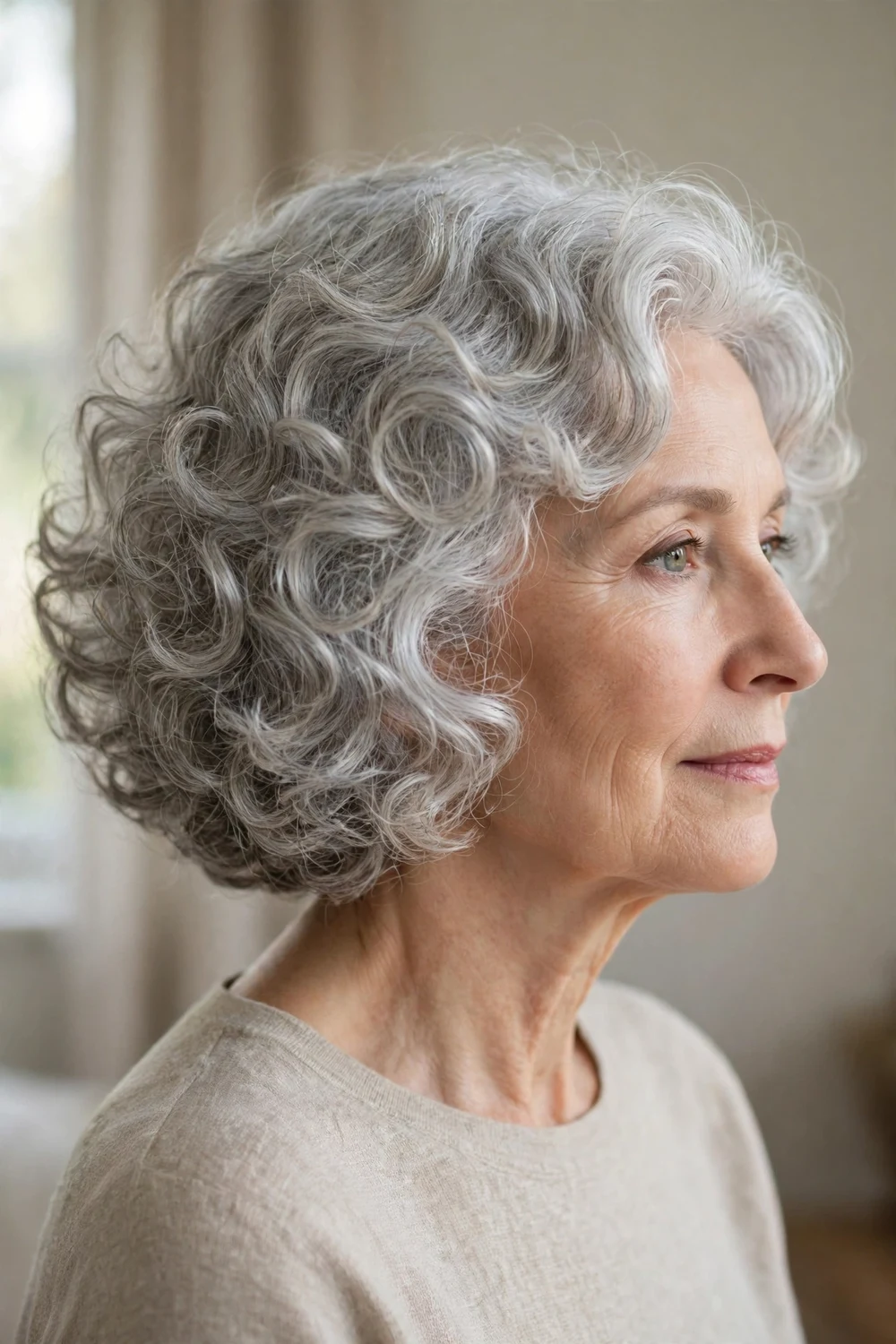 Voluminous silver curly bob with soft rounded shape