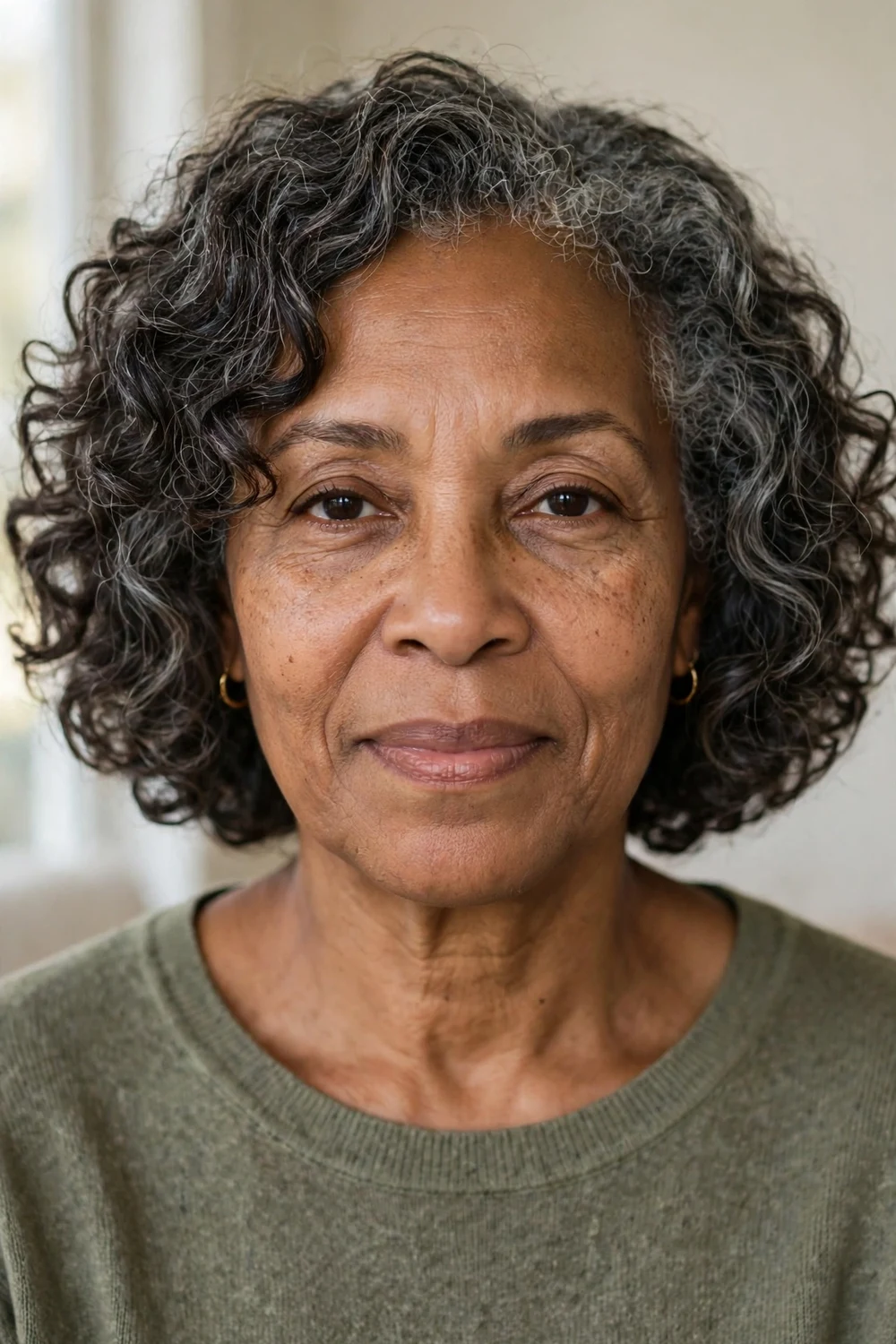 Soft salt-and-pepper curly lob just above the shoulders