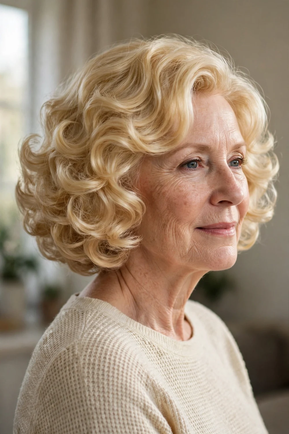 Bright blonde curly bob with soft layers and volume