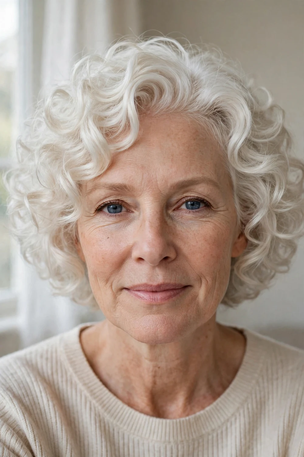 Icy platinum curly bob with soft volume