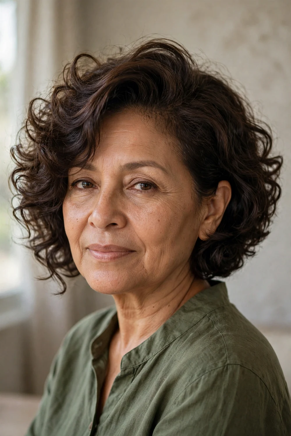 Side-swept curly bob with lifted volume at the crown