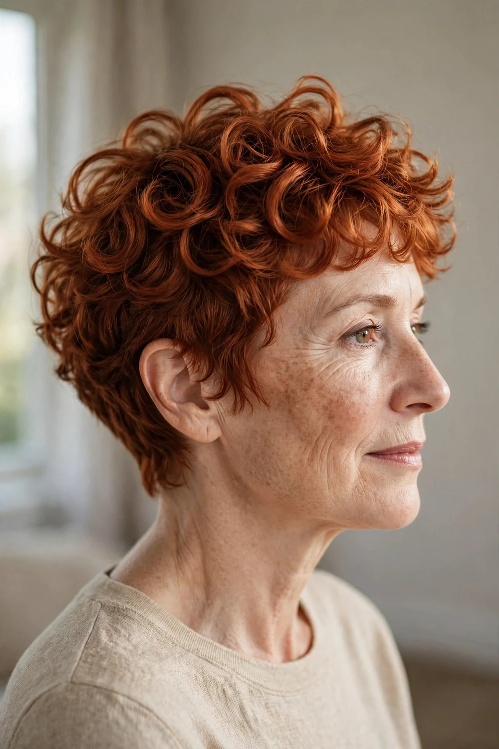 Copper-toned curly pixie with textured curls