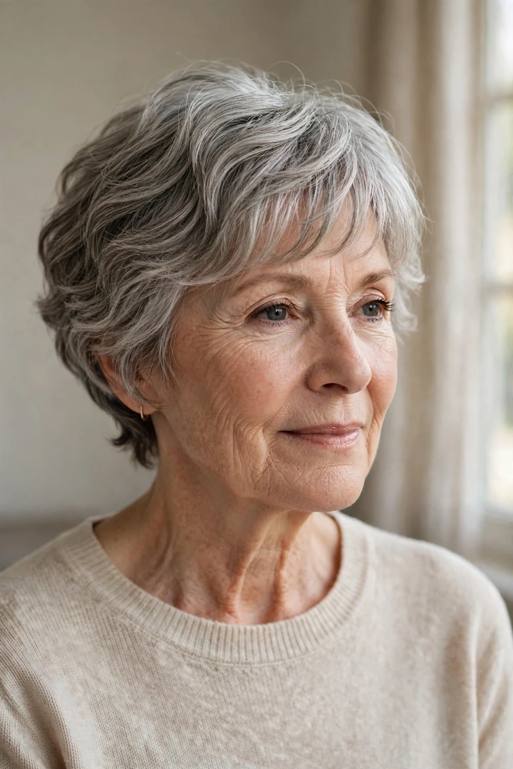 Short wavy gray pixie bob with soft fringe