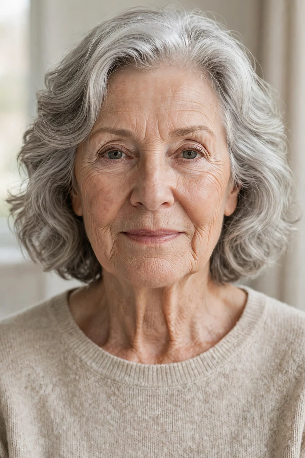 Soft wavy gray lob with gentle layers above the shoulders