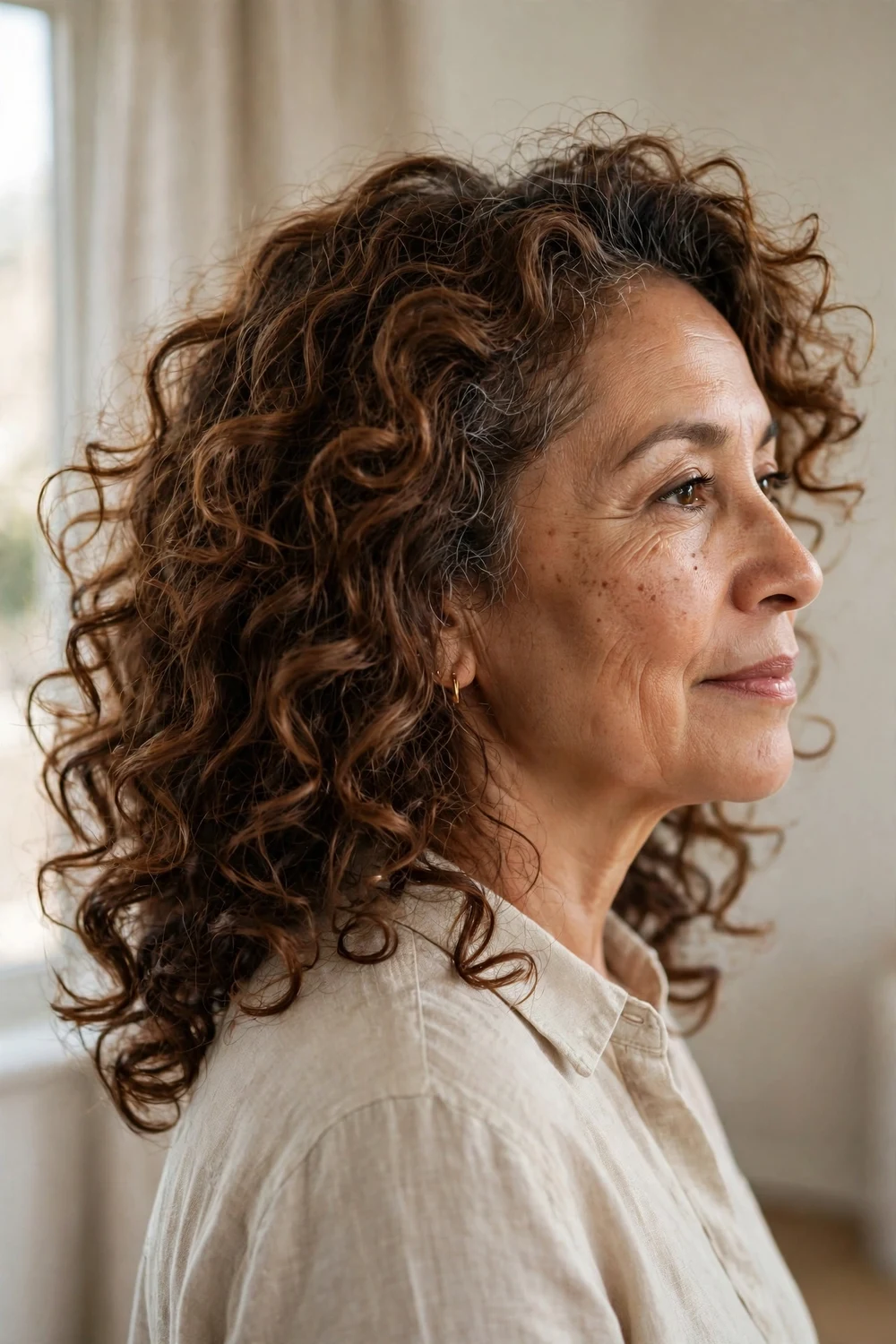 Shoulder-grazing curly layers with bounce and lift