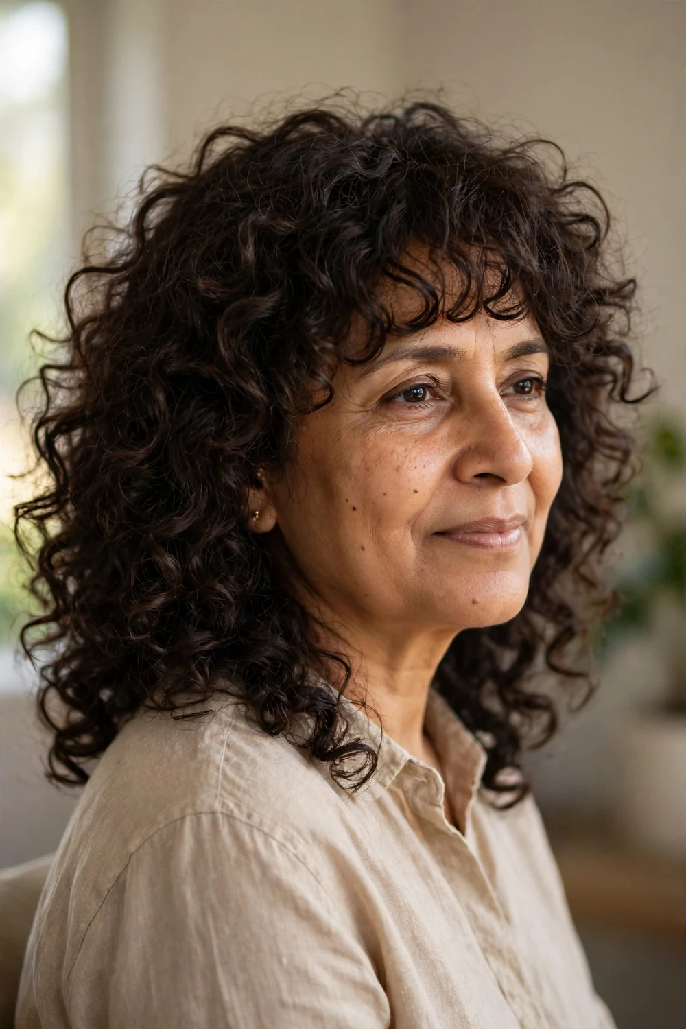 Shoulder-length curls with soft curly bangs on the forehead