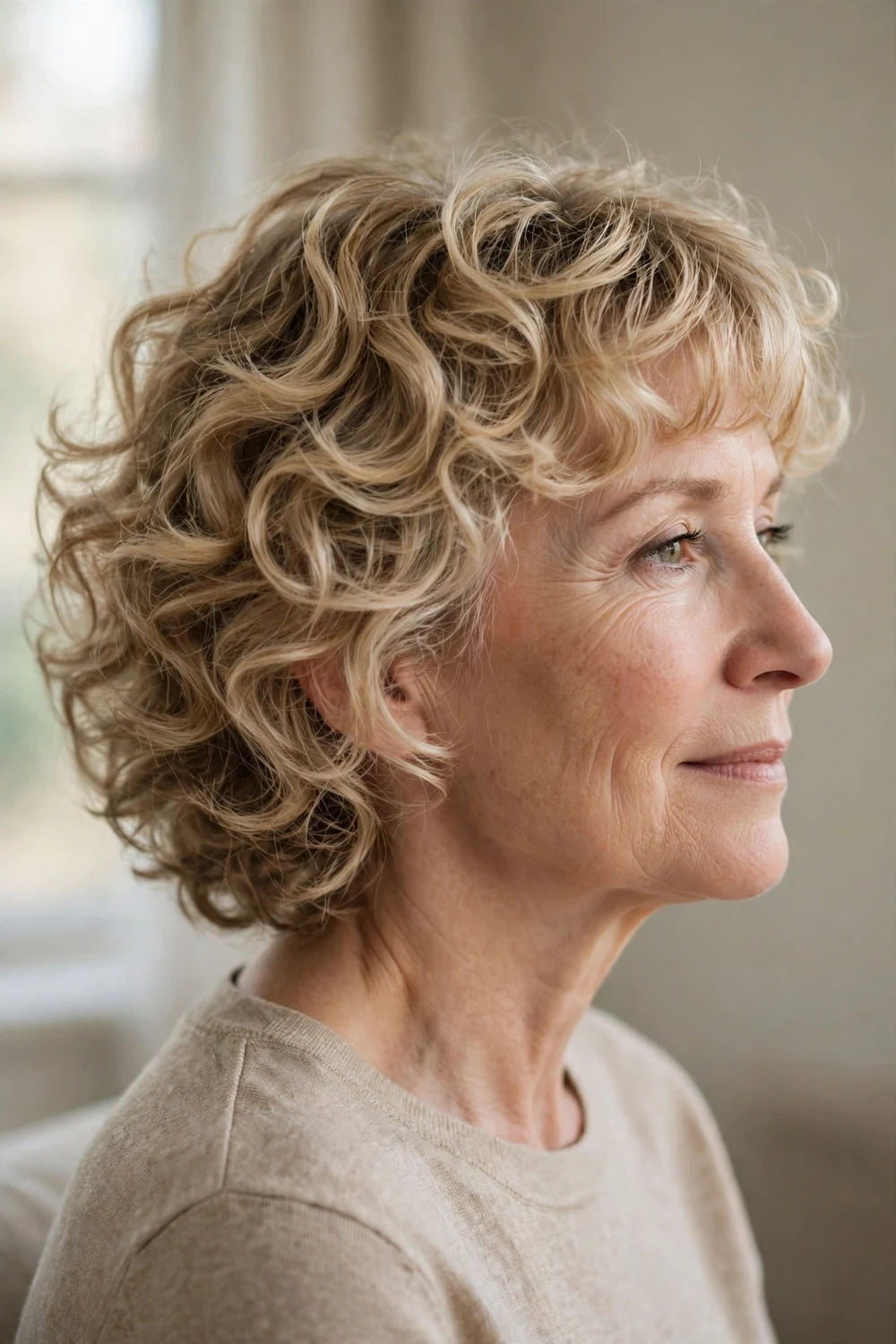 Curly feathered hairstyle with short curls across the forehead