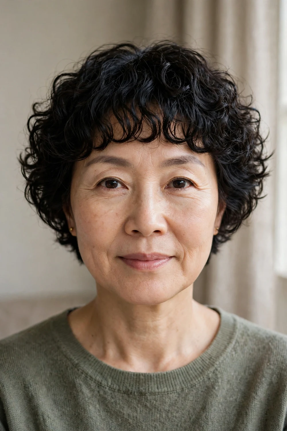 Short curly haircut with defined curls and front bangs