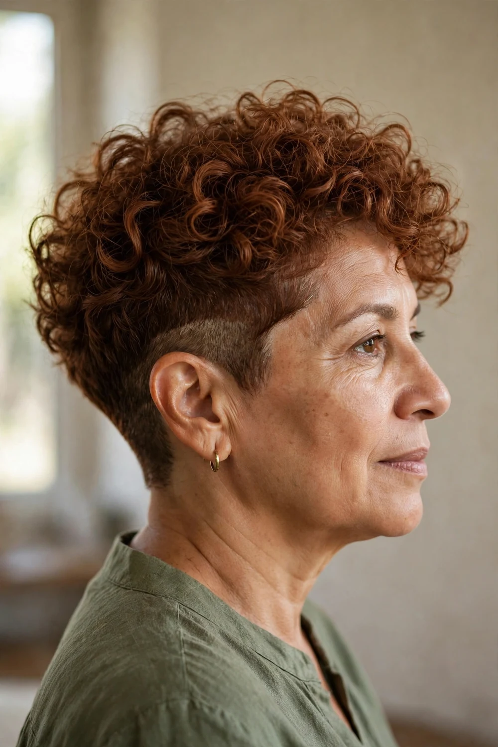 Short curly haircut with undercut at the nape