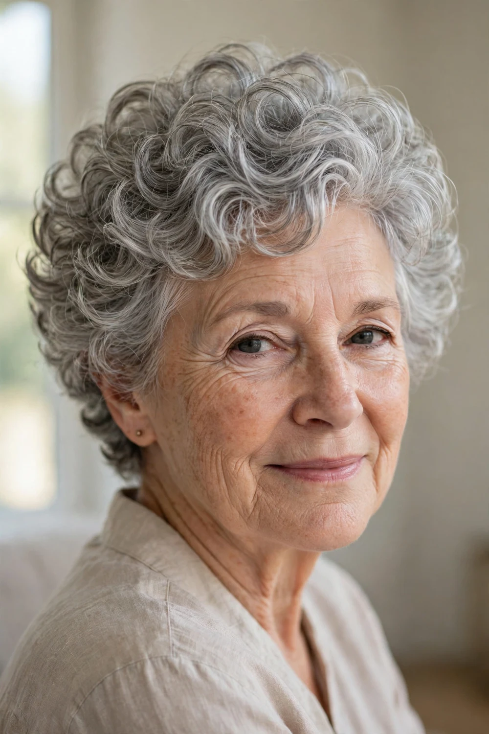 Short curly cut with fullness at the crown for thinning hair