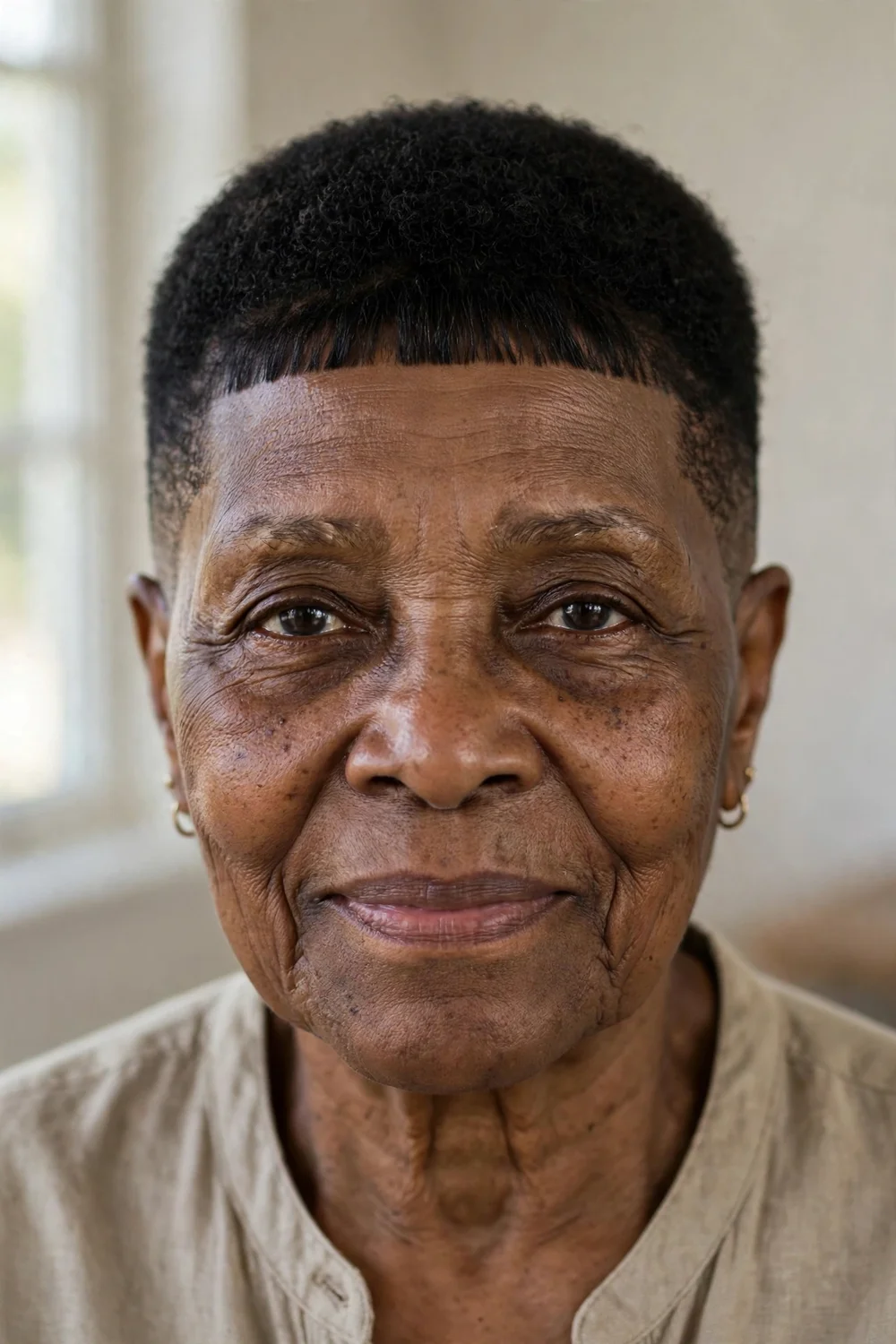 Older Black woman with a sculptured caesar cut with an even front line and tapered sides