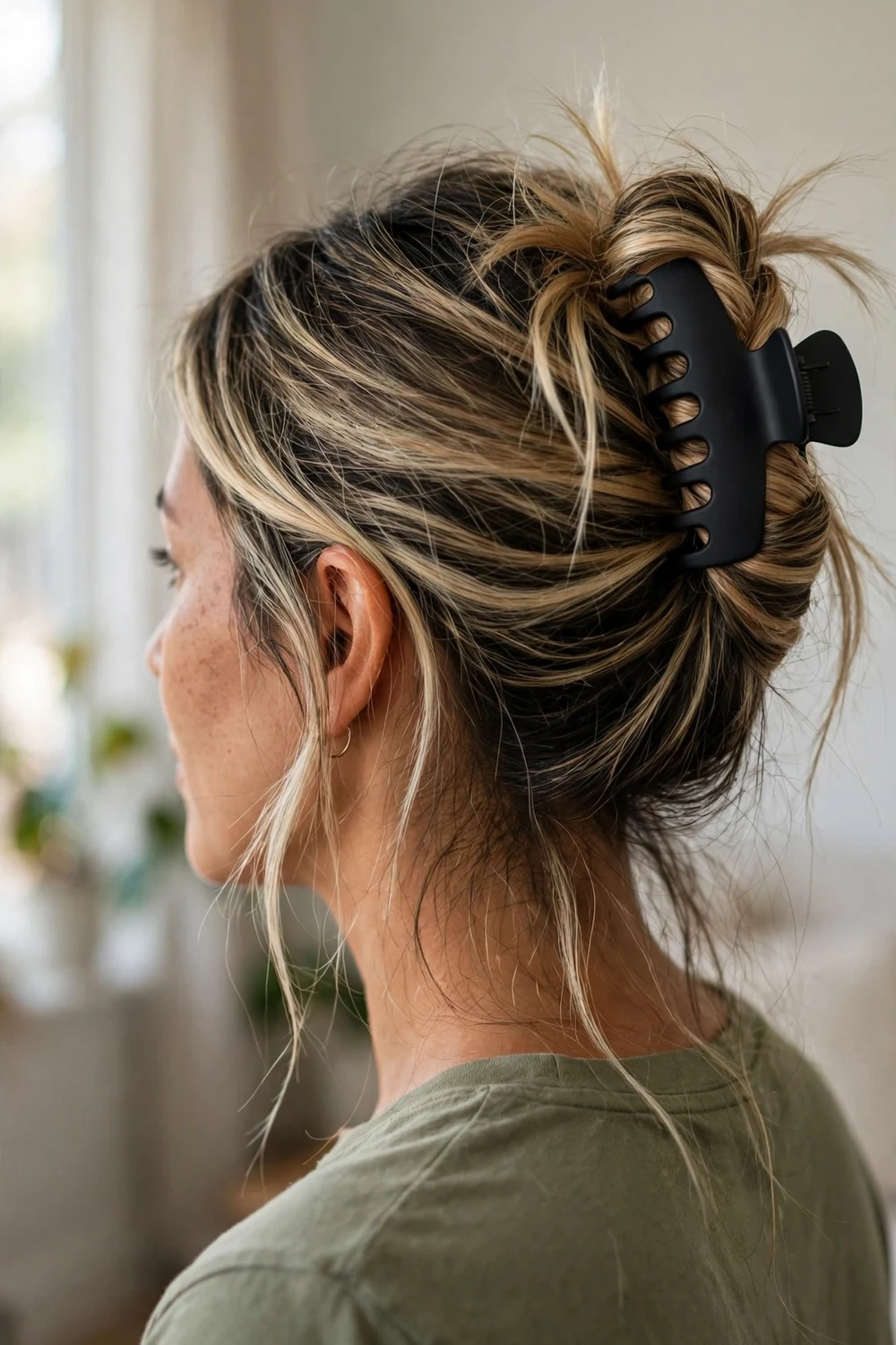 Woman with dark blonde long hair quickly twisted into a casual updo held by a large matte black claw clip