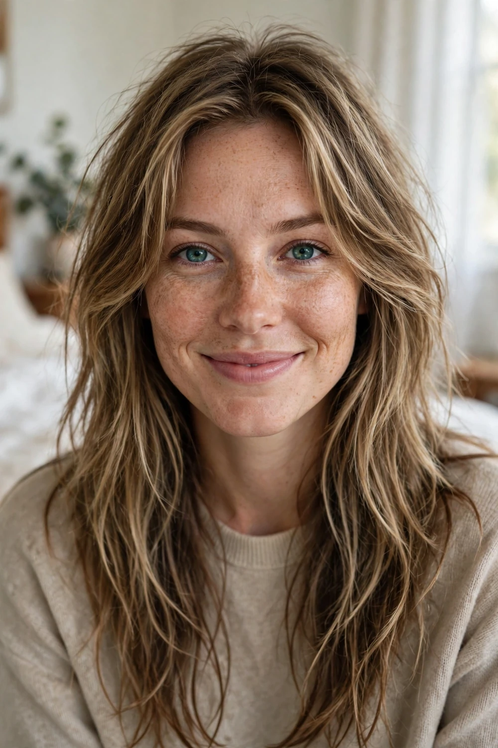 Woman refreshing second-day long shag hair, dry shampoo at the crown with revived texture