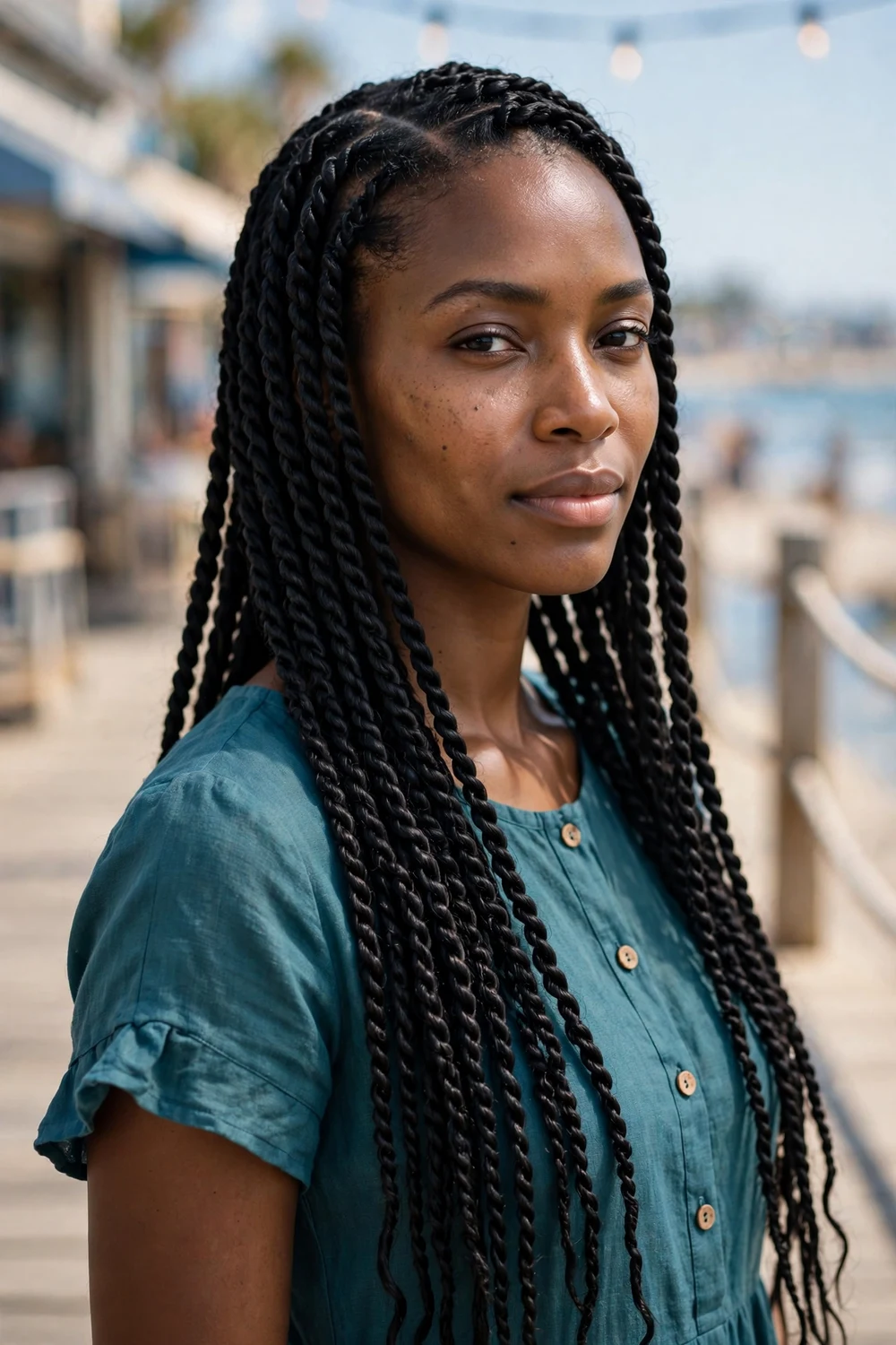 Woman with long Senegalese twists in a high ponytail