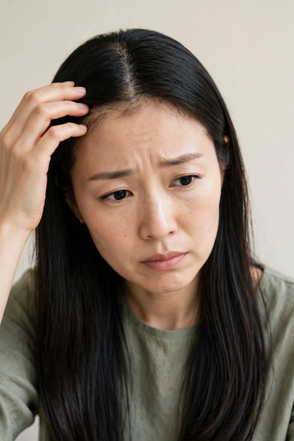 Woman with a sensitive irritated scalp caused by harsh sulfate shampoo