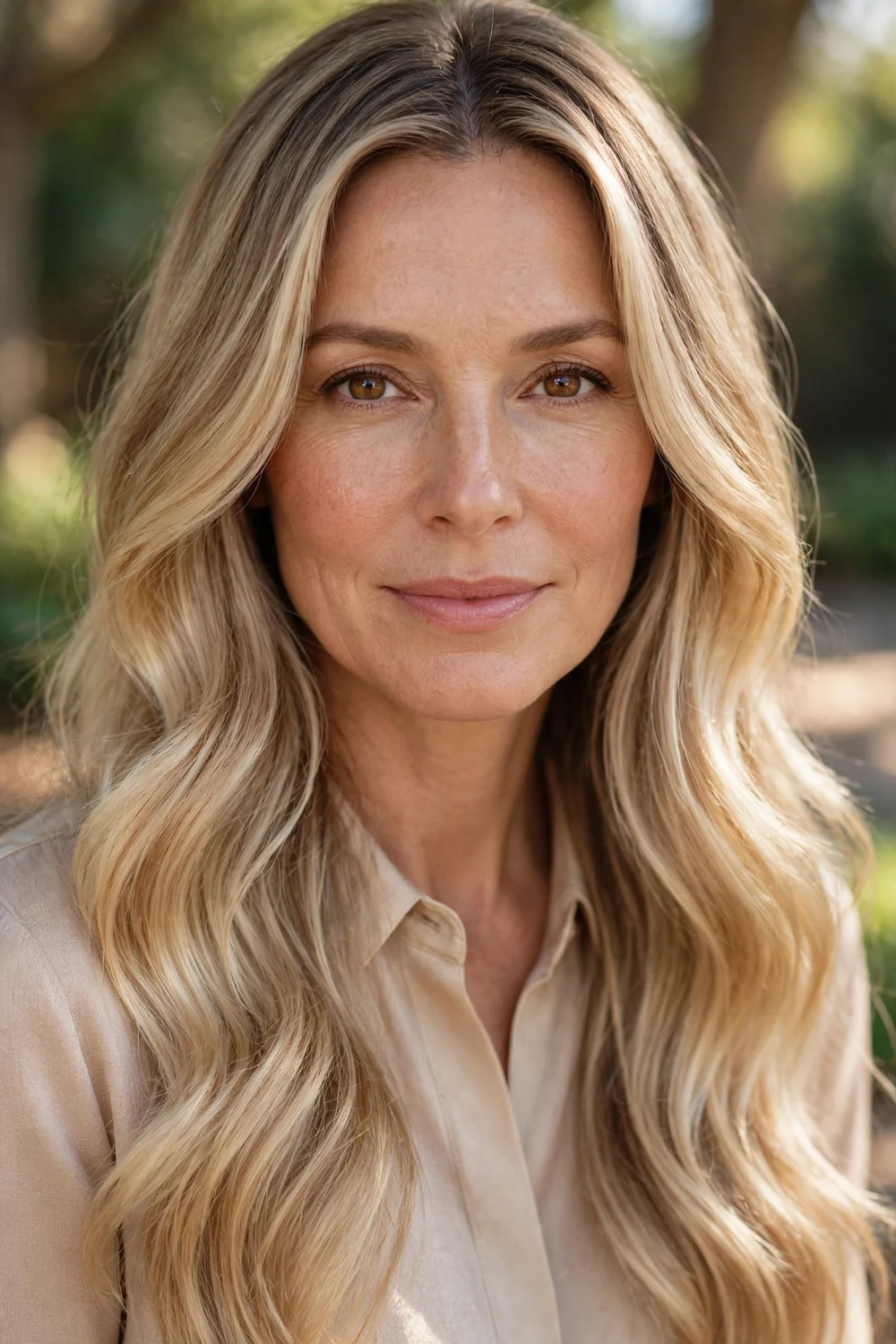 Woman in her 40s with shadow-rooted champagne blonde balayage
