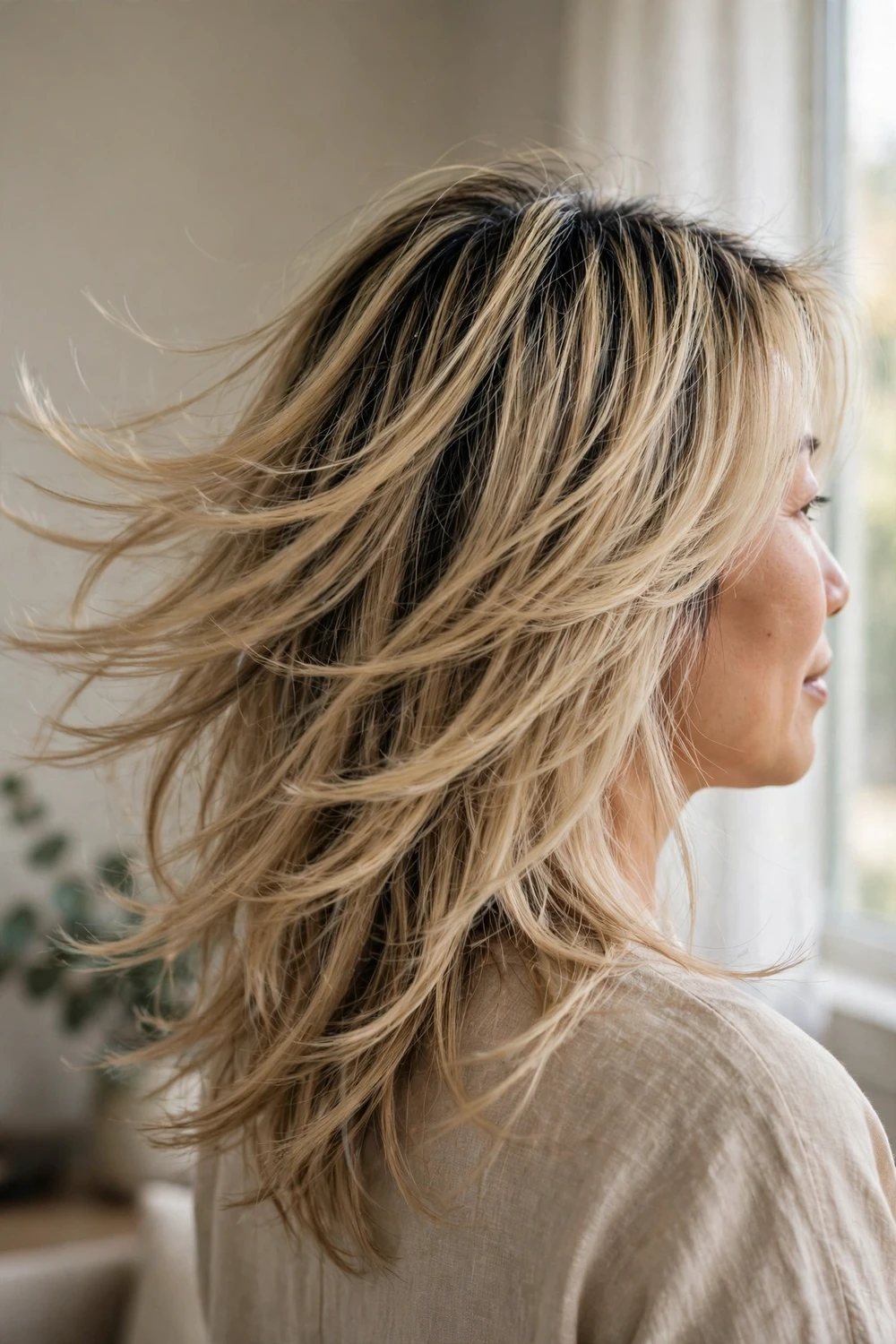 Layered light blonde hair with dark roots showing through