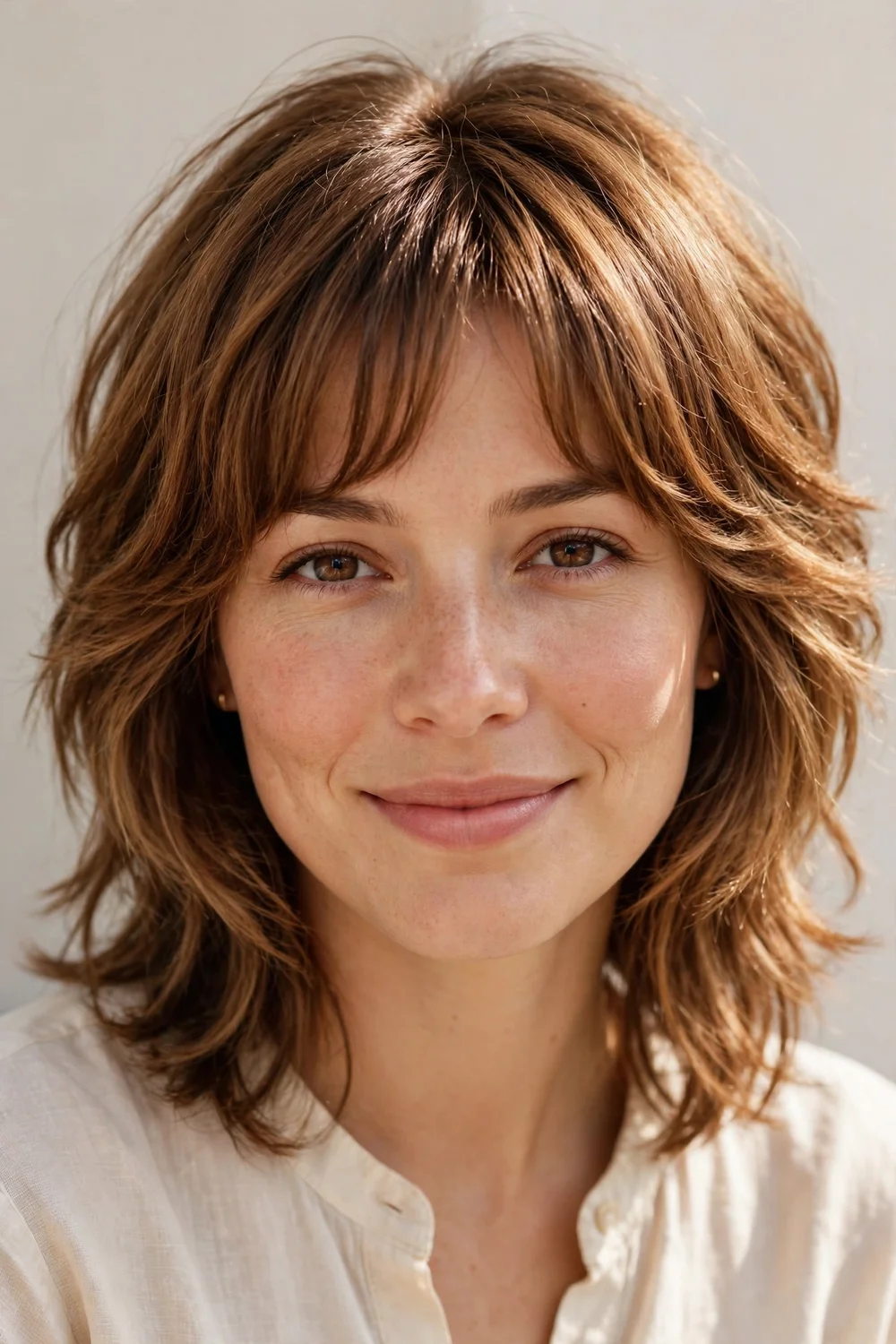 Shag haircut with arched bangs curving over the forehead