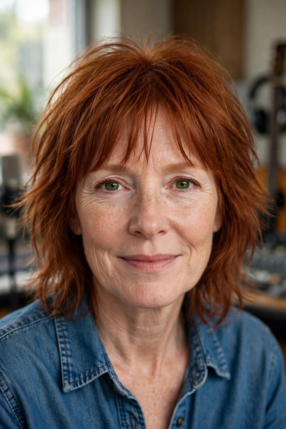 Woman over 50 with a medium shag haircut and curtain bangs on thin red hair