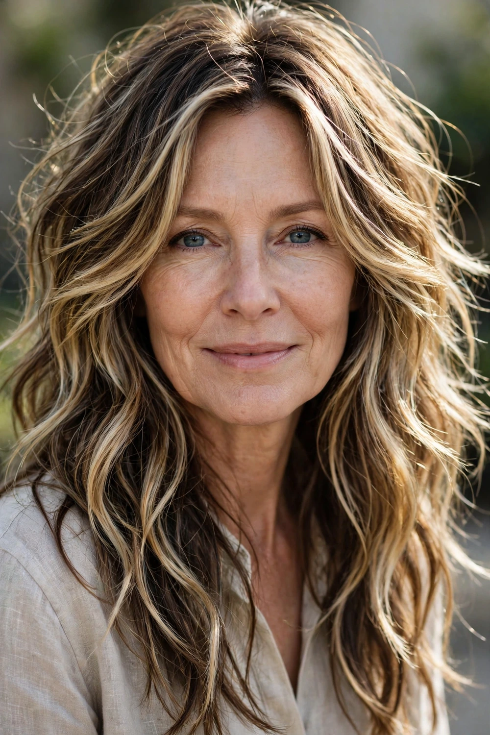 Woman with a long shag haircut featuring face-framing balayage highlights on the outer layers, styled in beach waves