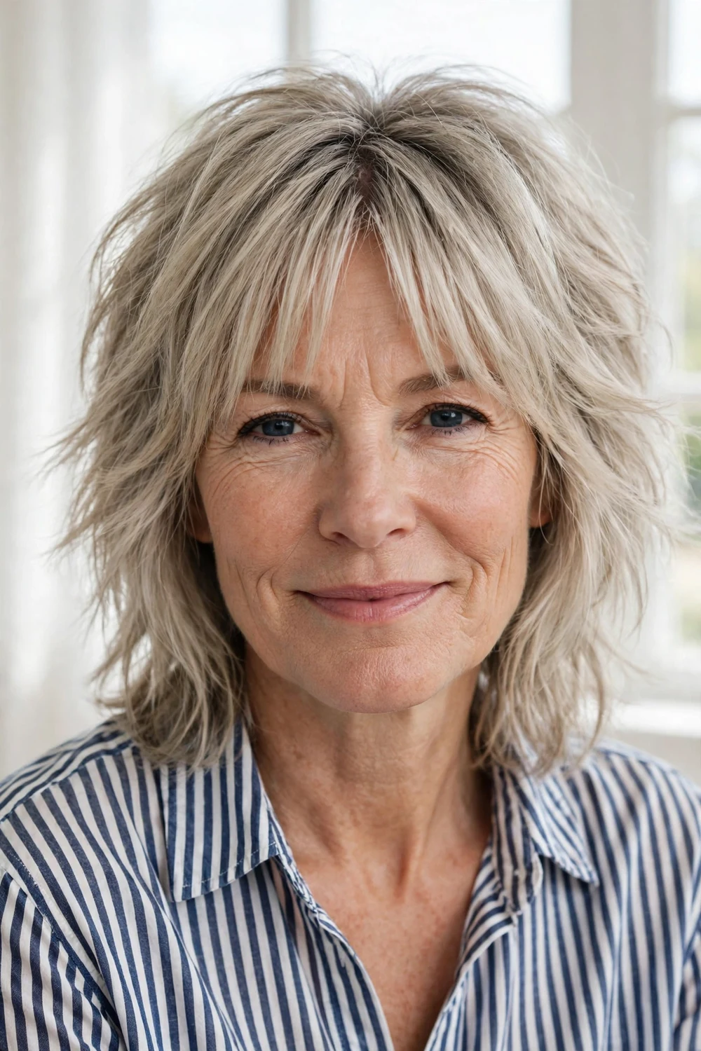 Caucasian woman in her mid 50s with an ash blonde shag haircut with curtain bangs