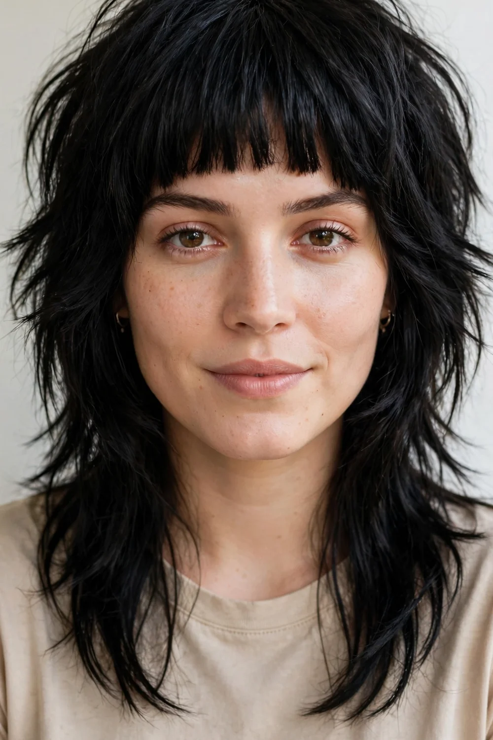 Shag haircut with heavy blunt bangs