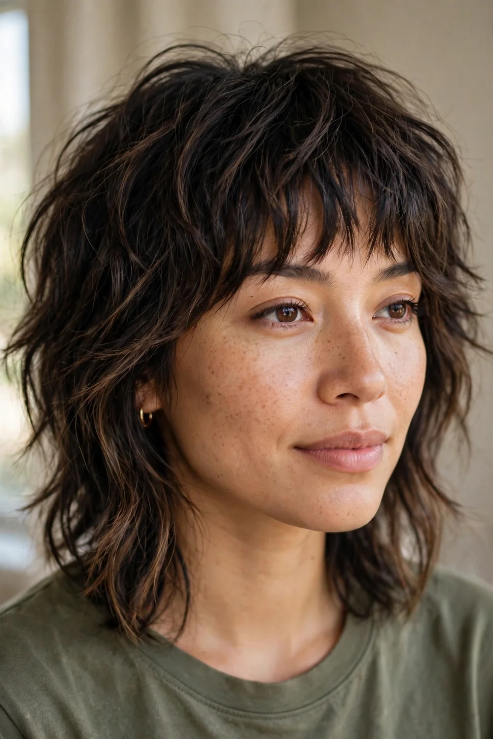 Woman with dark brown choppy shag, piecey bangs and balayage dimension