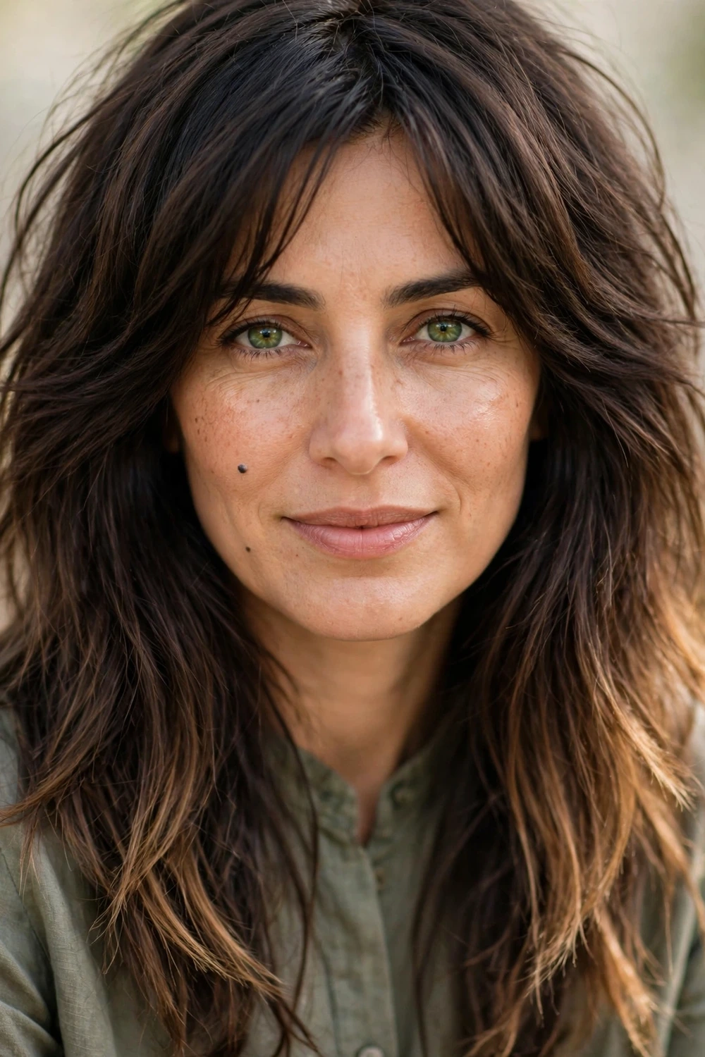 Woman with a long shag haircut and soft ombre color, dark roots melting into lighter ends on long layers