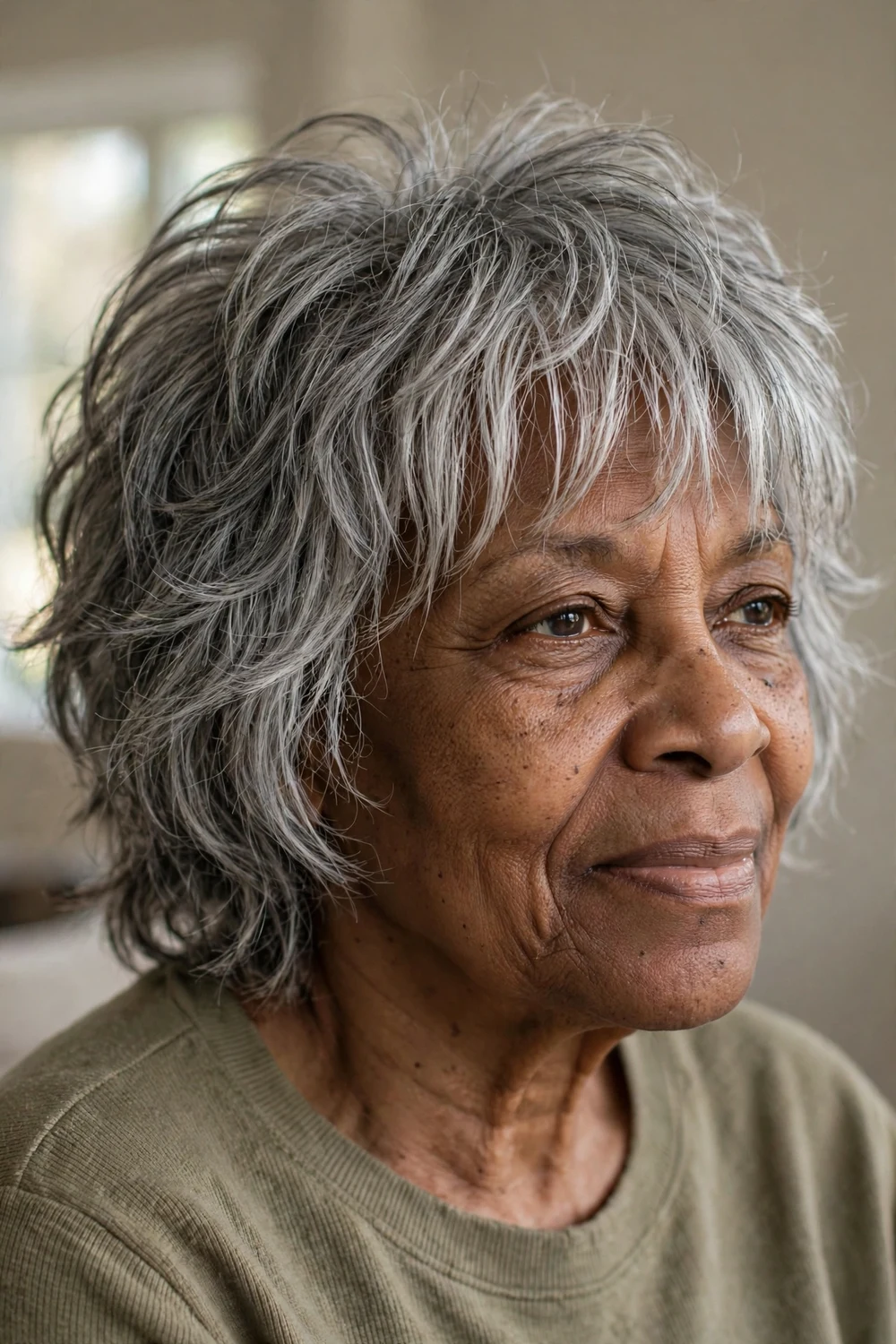 68-year-old Latina woman with brown layered shag and wispy bangs