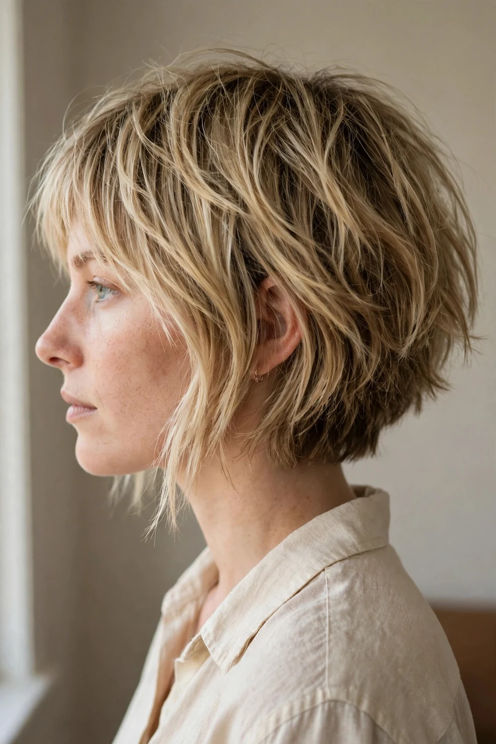 Shaggy angled bob on a woman with a round face, dirty blonde hair with feathery shag layers