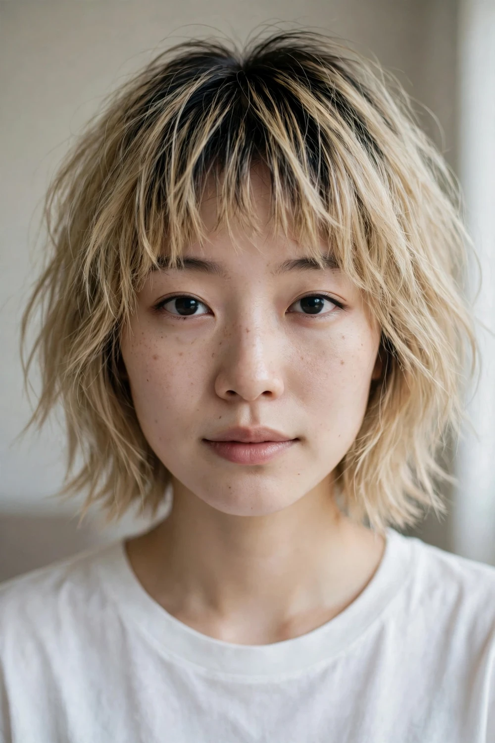 Shaggy blonde bob with choppy bangs