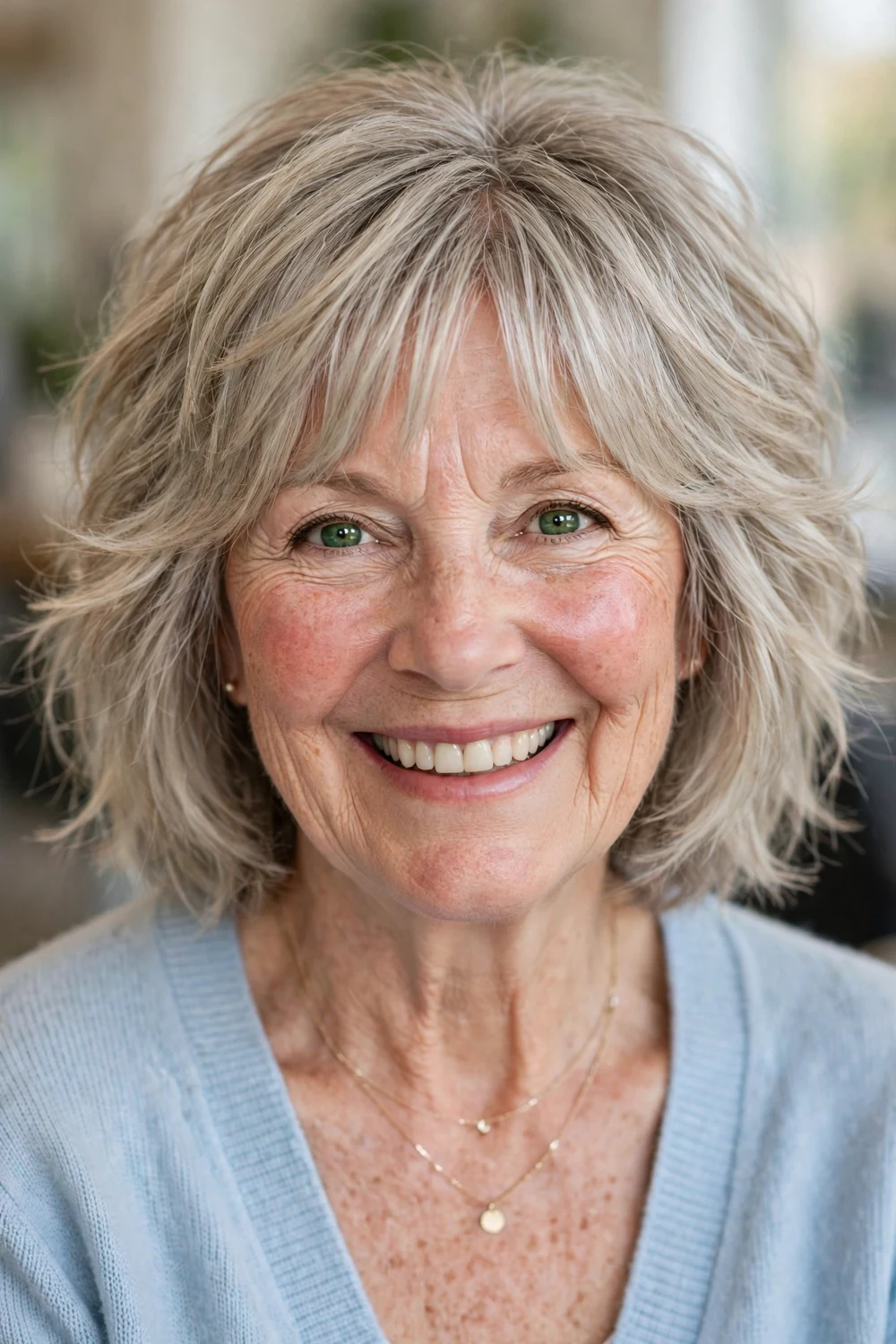 Mature woman with shaggy bob and curtain bangs