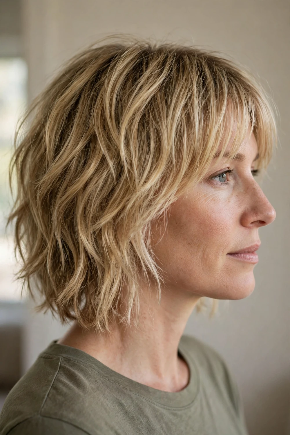 Shaggy bob with curtain bangs parted in the middle