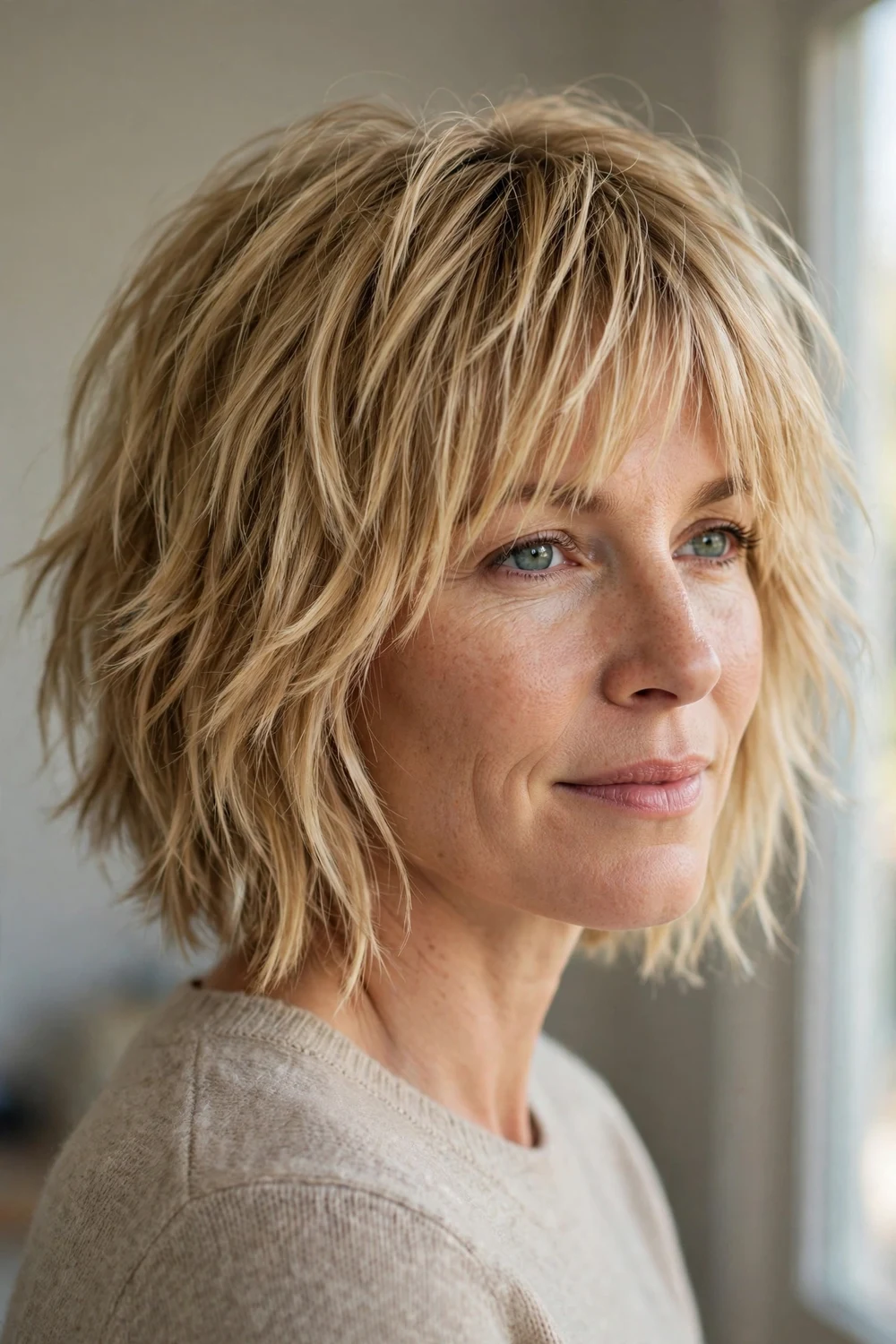 Shaggy bob with feathered bangs on thin hair
