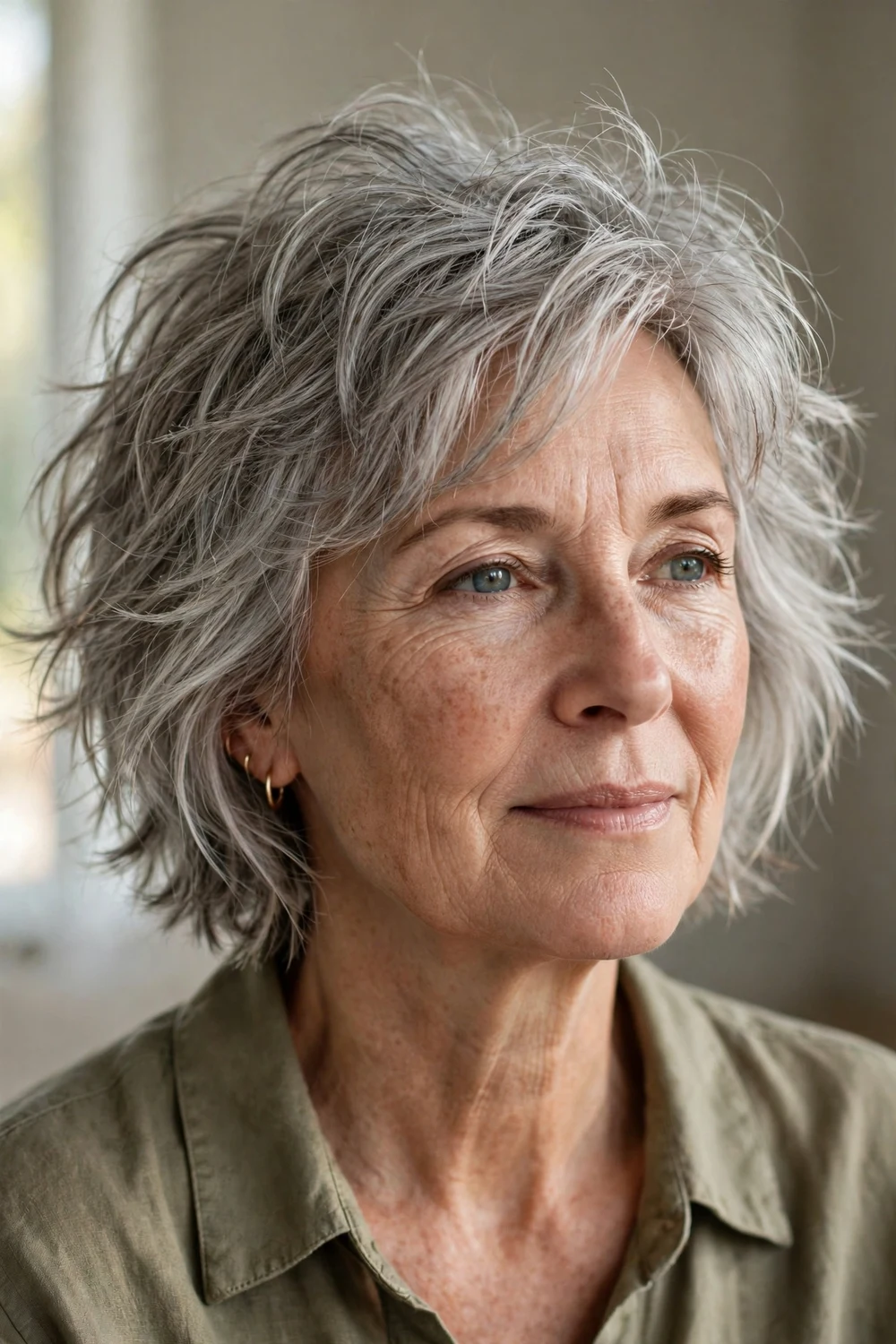 Tousled short shaggy bob on a woman in her 50s with fine hair