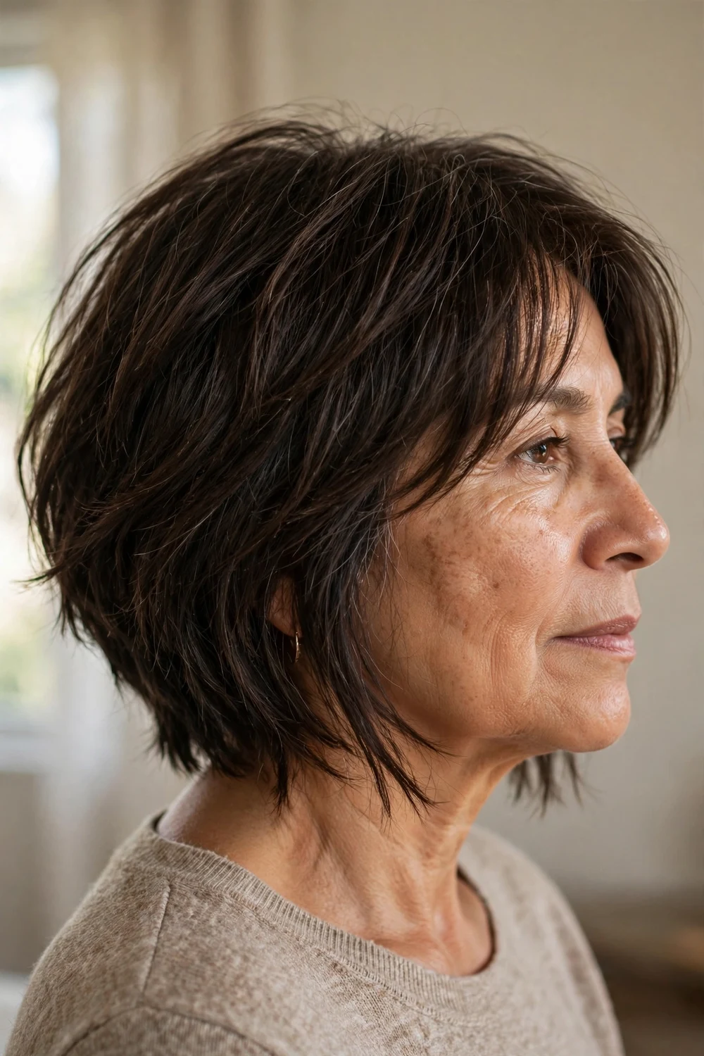 Shaggy bob with angled layers softening a round face on a woman over 50