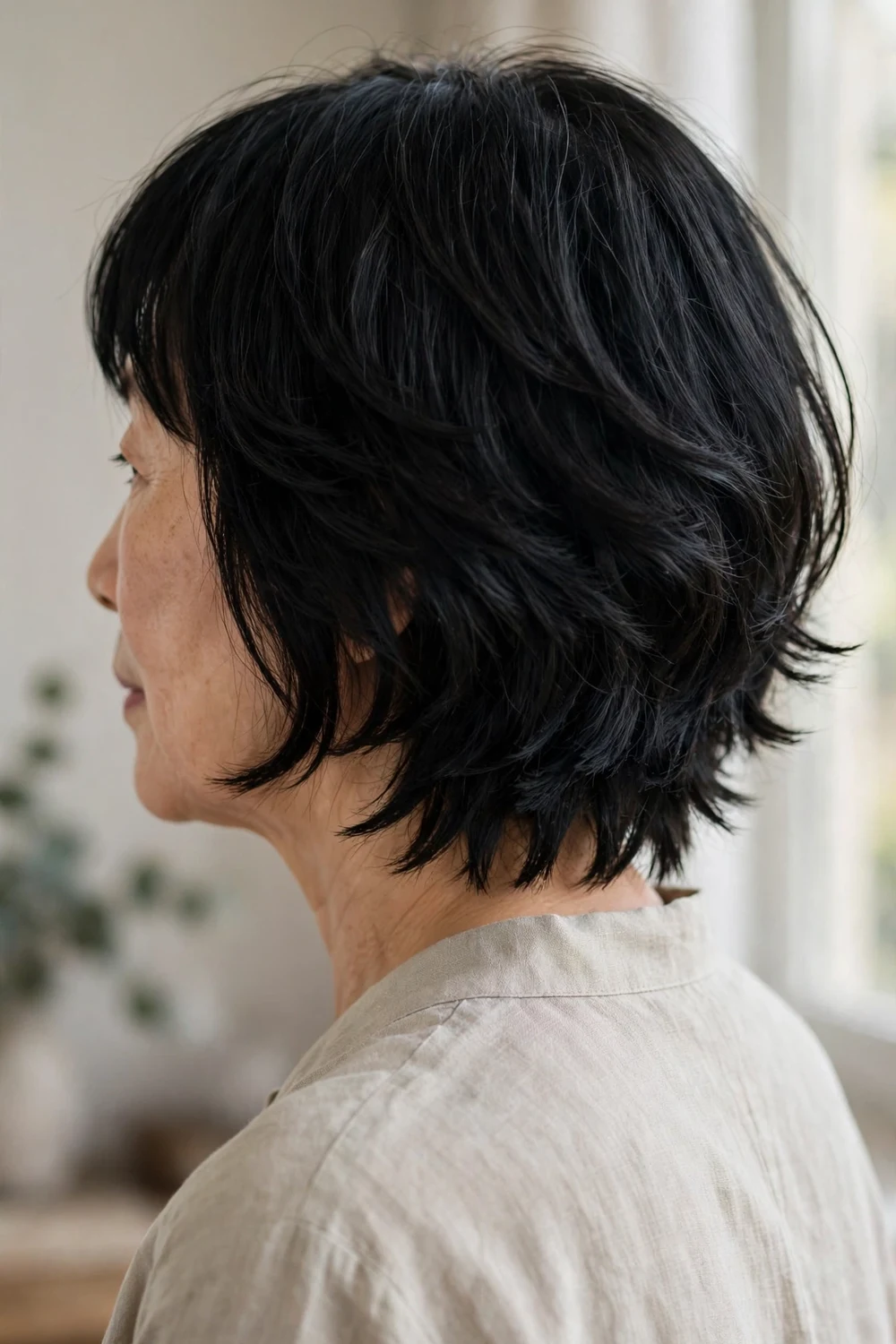 Razor-cut shaggy bob with soft feathered layers on fine hair