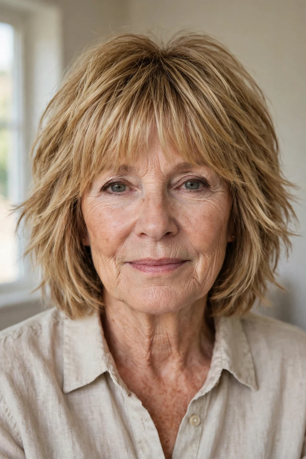 Medium-length shaggy bob with full bangs on a woman over 50