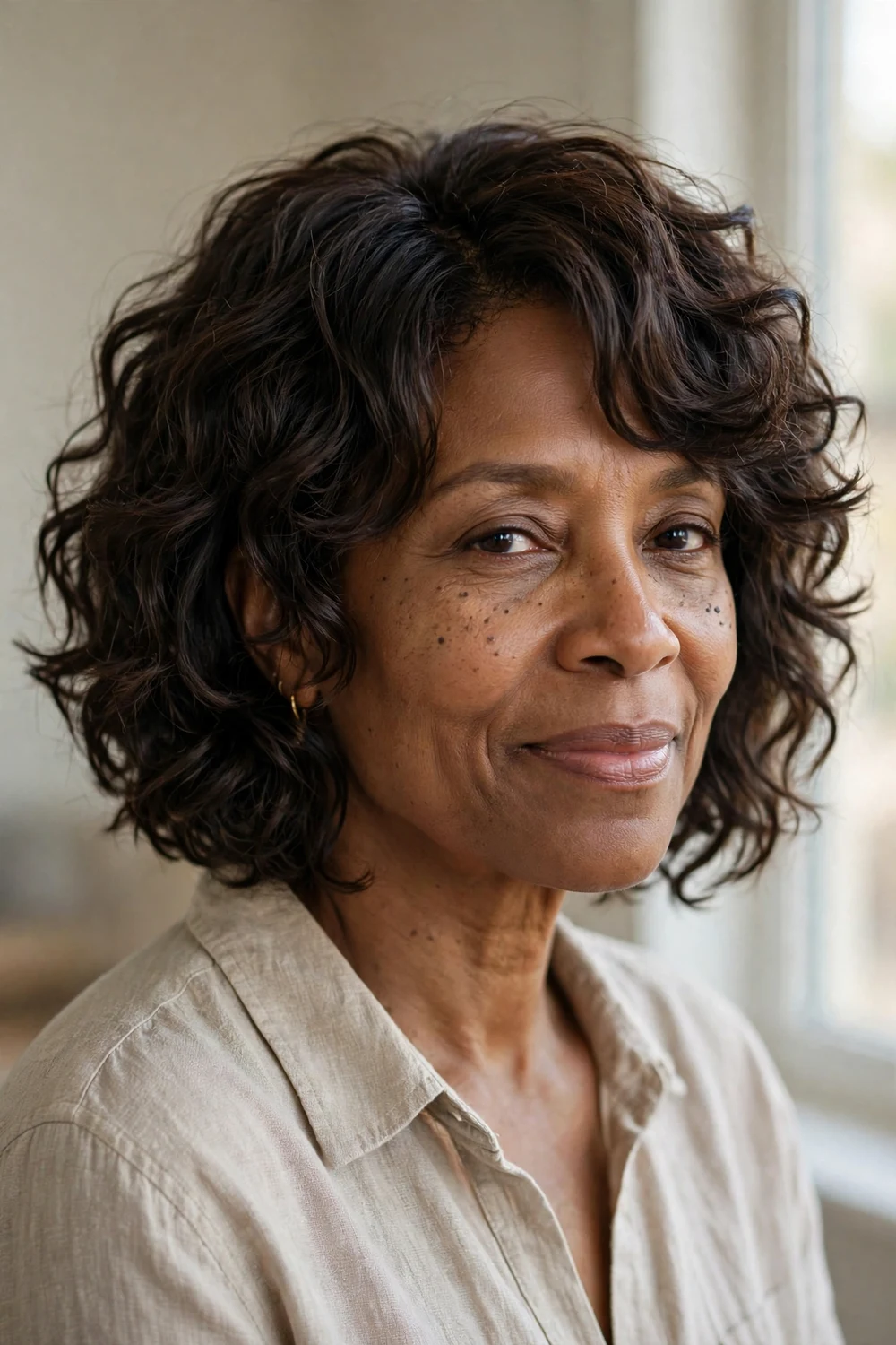 Curly shaggy bob with defined layered shape on fine curly hair