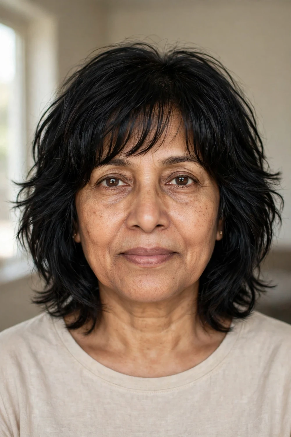 Shaggy bob with bangs and face-framing layers on a woman in her 50s